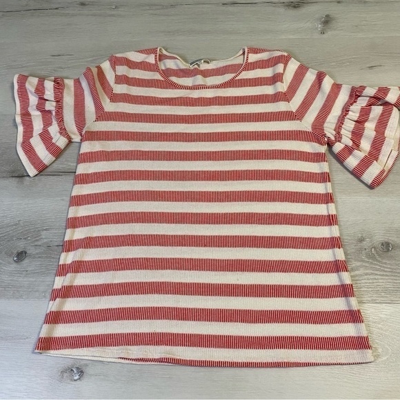 Pleione Knit Top 3/4 Bell Sleeves,  Red Cream Striped- Size Small - Picture 1 of 10